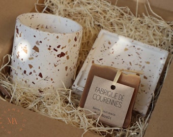 Coffret Cadeau Mia Terrazzo x Fabrique de Courennes 100% fait-main set de salle de bain en terrazzo et son savon artisanale personnalisable