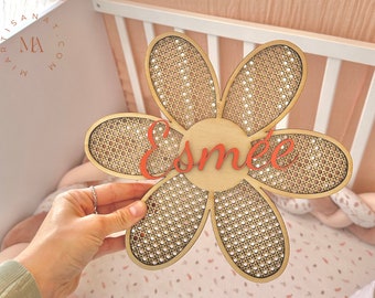 First name in wood flowers I Marguerite in rattan decoration for children's room I Baby I Minimalist Customizable