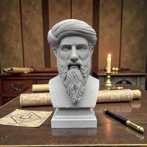 Può includere: Un busto in pietra grigio chiaro di un uomo barbuto che indossa un turbante. La scultura presenta tratti del viso dettagliati, una lunga barba e un copricapo avvolto su una base quadrata. Il busto è posizionato su una scrivania in legno.