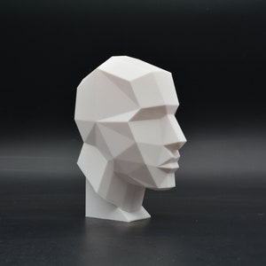 Peut inclure: Une sculpture de tête humaine en 3D imprimée en blanc, géométrique. La sculpture est composée de nombreux triangles et représente de manière simplifiée un visage humain.