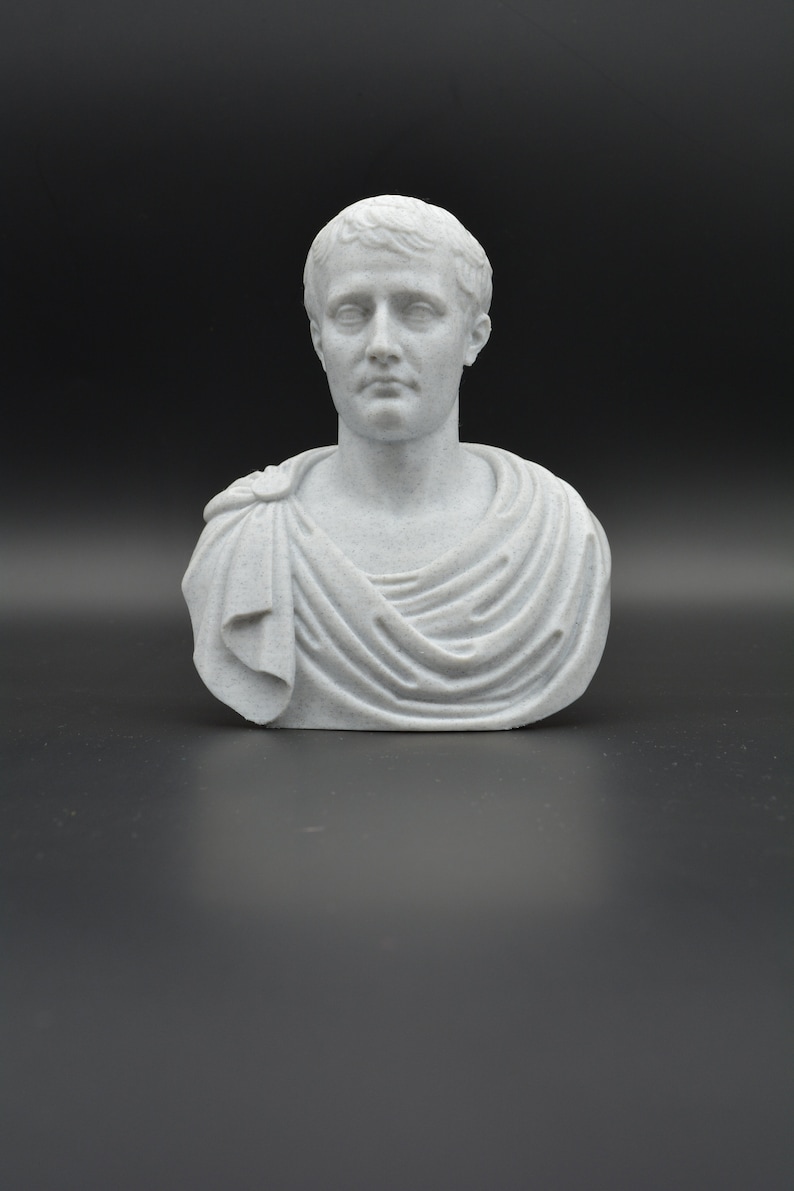 Puede incluir: Un busto de yeso blanco de un hombre con el pelo corto y una toga. El busto est&aacute; sobre un fondo negro.