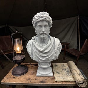 May include: A white stone bust of a bearded man with curly hair, wearing a draped garment. Beside the bust sits a dark metal oil lamp with a glowing glass chimney and a rolled-up parchment map featuring detailed ink drawings and handwritten text.