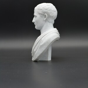 Puede incluir: Un busto de yeso blanco de un hombre con el pelo corto. El busto est&aacute; sobre un fondo negro liso.
