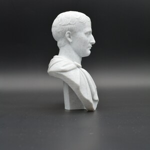 Puede incluir: Un busto de yeso blanco de un hombre con el pelo corto y una toga. El busto est&aacute; sobre un fondo gris liso.