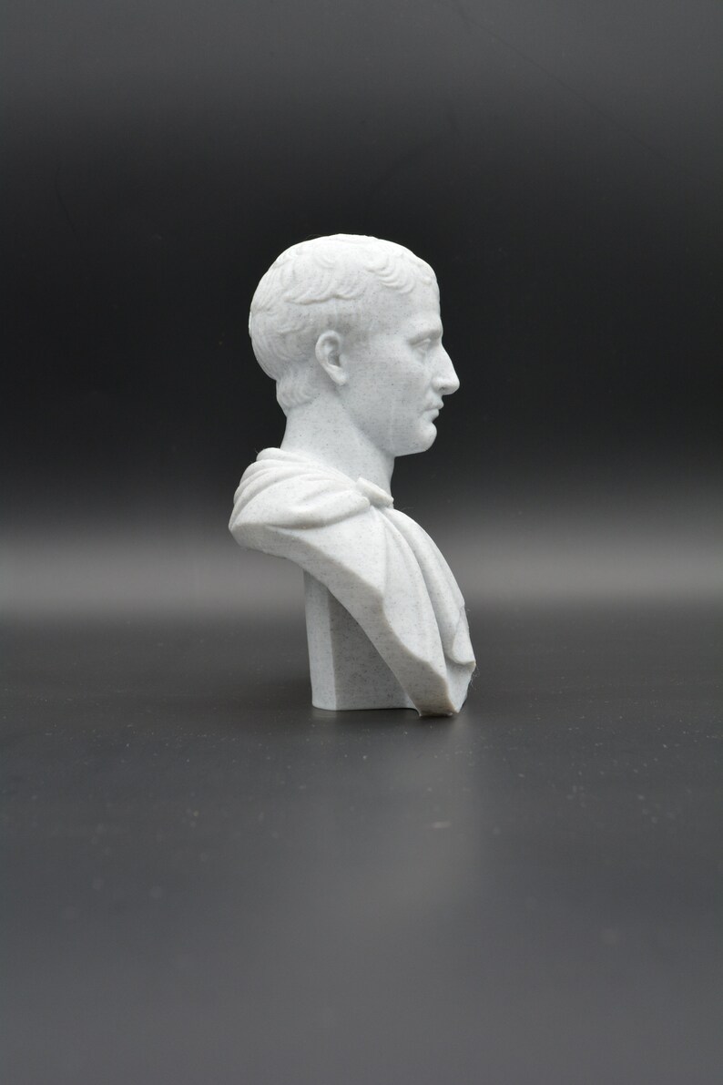 Puede incluir: Un busto de yeso blanco de un hombre con el pelo corto y una toga. El busto est&aacute; sobre un fondo gris liso.