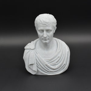 Puede incluir: Un busto de yeso blanco de un hombre con el pelo corto y una toga. El busto est&aacute; sobre un fondo negro.