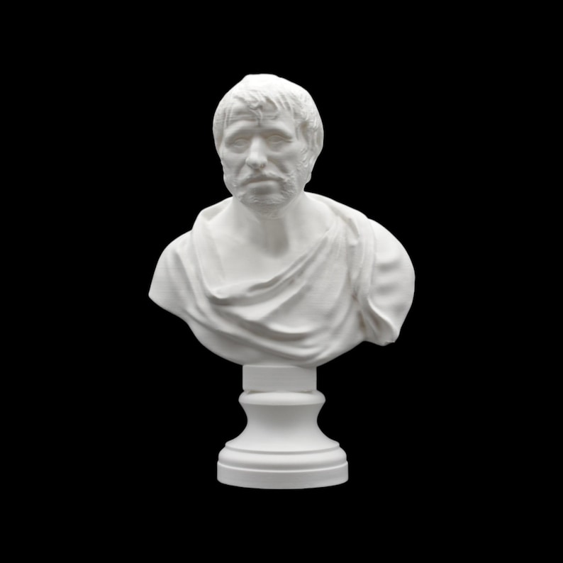 May include: A white bust of a man with a beard and short hair, wearing a draped garment. The sculpture is mounted on a pedestal and set against a black background. The bust is a classical art piece.