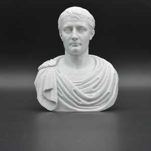 Puede incluir: Un busto de escultura blanca de un hombre con el pelo corto y una toga. La escultura est&aacute; hecha de un material blanco liso y tiene una cara detallada.
