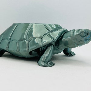 Peut inclure: Un pot de fleurs en forme de tortue imprimé en 3D de couleur verte, avec une carapace et une tête détaillées. Le pot est conçu pour accueillir de petites plantes ou des succulentes.