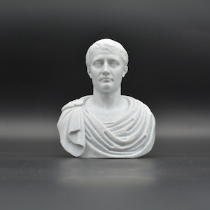 Puede incluir: Un busto de yeso blanco de un hombre con el pelo corto y una toga. El busto est&aacute; sobre un fondo negro.