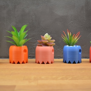 Puede incluir: Cuatro macetas con forma de fantasma de colores diferentes con suculentas. Las macetas son naranja, rosa, azul y roja. Una figura amarilla de Pac-Man está en primer plano.