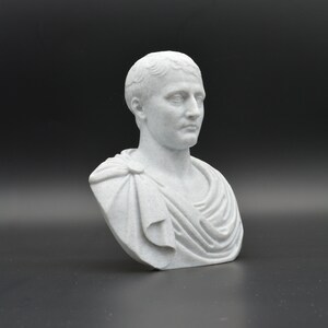 Puede incluir: Un busto de m&aacute;rmol blanco de un hombre con el pelo corto y una toga. El busto est&aacute; sobre un fondo gris oscuro.
