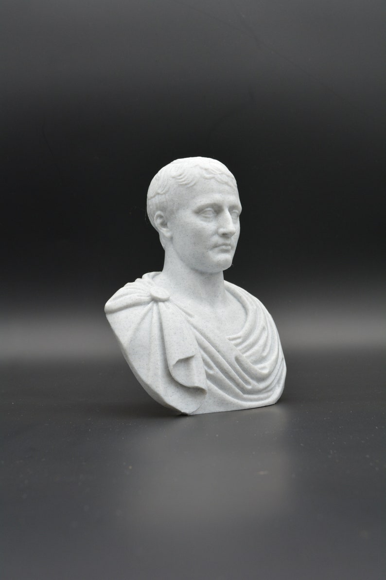 Puede incluir: Un busto de m&aacute;rmol blanco de un hombre con el pelo corto y una toga. El busto est&aacute; sobre un fondo gris oscuro.