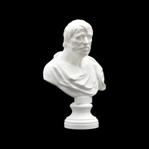 May include: A white bust sculpture of a man with a beard and short hair, wearing a draped garment. The sculpture is mounted on a pedestal, set against a black background. The bust is a classical art piece.