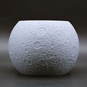 Puede incluir: Un macetero de cerámica blanco con forma de luna y una superficie texturizada que se asemeja a los cráteres de la luna.