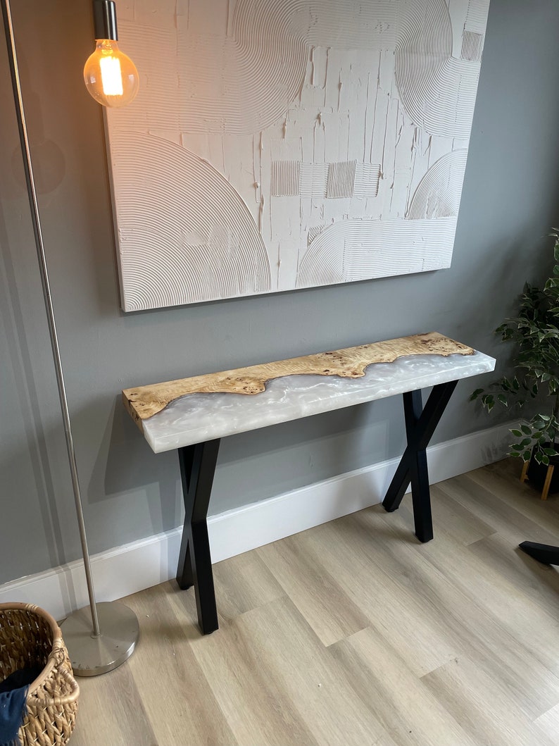 Mappa Burl, white epoxy resin, Epoxy resin console table, black steel base, black walnut, custom size, made to order imagem 1