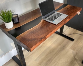Black walnut river desk epoxy resin desk black walnut  sit/stand desk motorized desk standing desk office furniture sit-stand desk