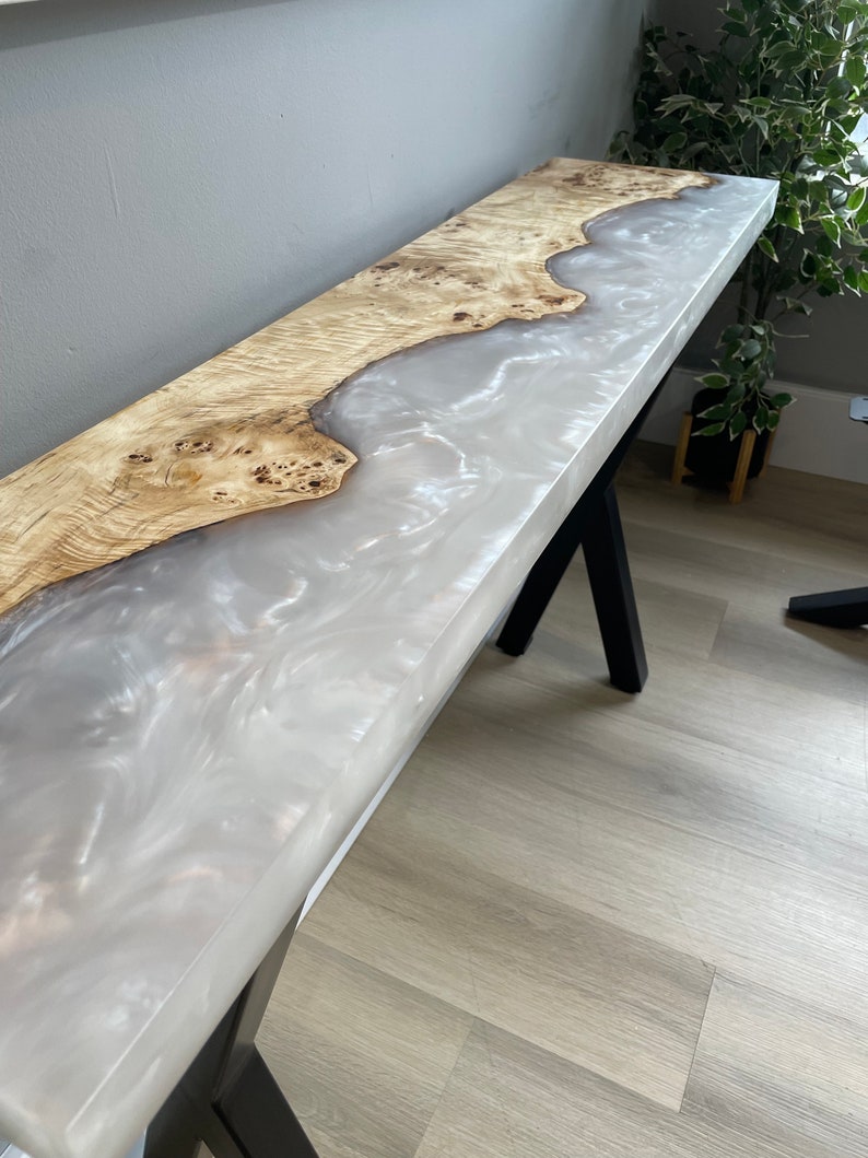 Mappa Burl, white epoxy resin, Epoxy resin console table, black steel base, black walnut, custom size, made to order imagem 2