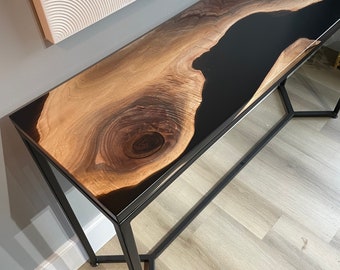 epoxy walnut console table in stock ready to ship sofa table River epoxy resin steel base