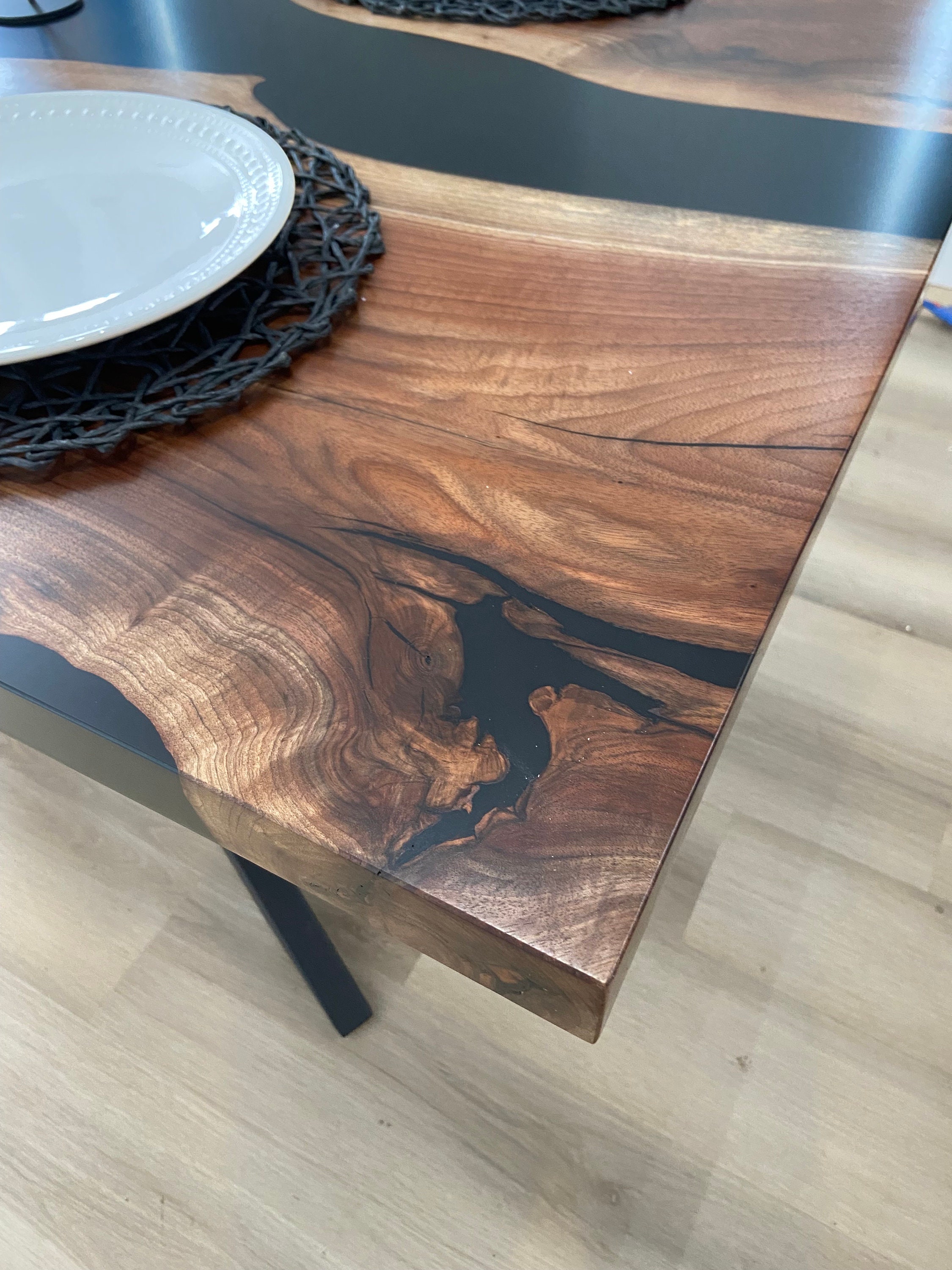 Black Walnut River Dining Table Black Epoxy Steel Legs Etsy