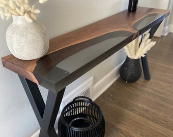 Live edge Epoxy resin console table, black steel base, black walnut, custom size, made to order