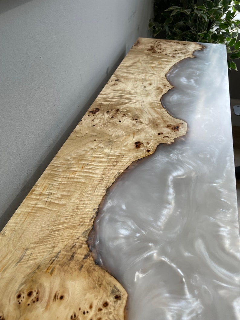 Mappa Burl, white epoxy resin, Epoxy resin console table, black steel base, black walnut, custom size, made to order imagem 3