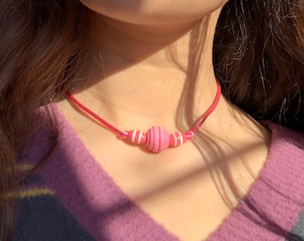Pink stripe wooden bead choker satin pink cord silver clasp y2k kidcore indie necklace streetwear