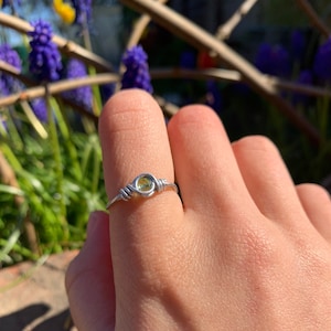 以下が含まれることがあります： 小さな丸い薄い緑色の宝石が付いた銀のワイヤーリング