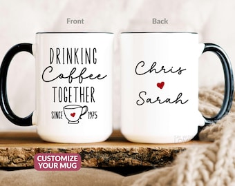 Drinking Coffee Together Mug, 50th Anniversary Gift For Parents Personalized Valentines Day Husband Wife Couple Wedding Anniversary Cup S100