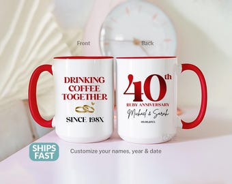 Personalized 40th Ruby Anniversary Mug, Custom Wedding Anniversary Gift For Parents Couples Husband, Drinking Coffee Together Cup S335