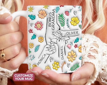Bonus Grandma Mug Cup, Bonus Grandma Gift Step Grandma Gift Personalized Mothers Day Gift Grandmother Holding Hand 3D Inflated Effect S250