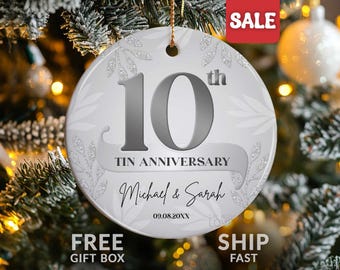 10th Tin Anniversary Ornament, 10th Anniversary Gift For Husband Wife Personalized 10th Wedding Anniversary Christmas Ornament Couple S323