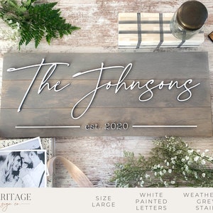 Personalized Family Name Sign, Custom Stained Wood Last Name Sign with Modern Farmhouse Script Font and Established Date, Barnwood Sign