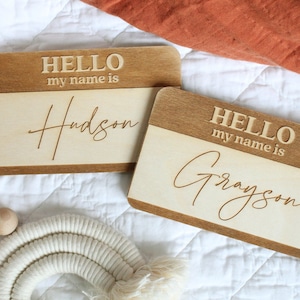 Name Tag Birth Announcement Hello My Name Is Sign, Fresh 48 Newborn Photo Prop for Hospital Photos, Baby Name Announcement Wooden Sign image 3