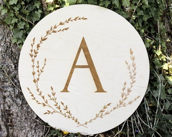 Wooden Round Monogram Sign with Wreath Leaves for Modern Farmhouse Decor, Custom Wood Initial Circle Sign Monogram, Rustic Wedding Monogram
