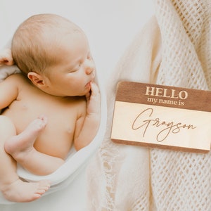 Name Tag Birth Announcement Hello My Name Is Sign, Fresh 48 Newborn Photo Prop for Hospital Photos, Baby Name Announcement Wooden Sign image 10