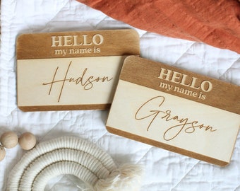 Hello My Name Is Baby Announcement for Newborn Photo Prop, Wooden Name Tag Sign for New Baby Birth or Hospital Announcement Photography Prop