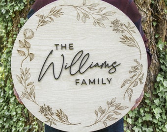 Round Family Last Name Sign with Engraved Botanical Frame and Raised Calligraphy Lettering