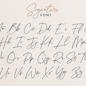 May include: A handwritten alphabet in a cursive font style. The letters are written in black ink on a white background. The word "Signature Font" is written in brown ink above the alphabet.