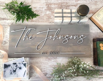 Last Name Sign for Personalized Wedding Gift, Family Name Sign Farmhouse Decor Established Sign, Custom Wood Name Sign Anniversary Gift