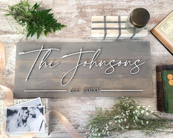 Family Last Name Sign for Personalized Wedding Gift in Pallet Sign Style, Farmhouse Decor Established Sign, Custom Wood Sign Engagement Gift