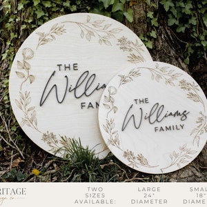 May include: Two round wooden signs with a floral design and the text "The Williams Family" and "The Williams Family". The signs are available in two sizes: 18 inches and 24 inches.