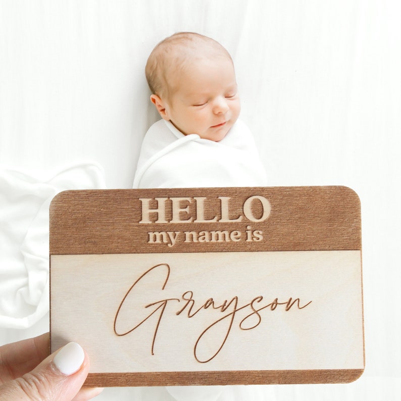 Name Tag Birth Announcement Hello My Name Is Sign, Fresh 48 Newborn Photo Prop for Hospital Photos, Baby Name Announcement Wooden Sign Modern Style
