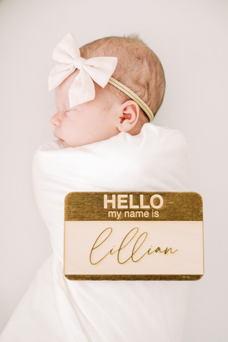 Name Tag Birth Announcement Hello My Name Is Sign, Fresh 48 Newborn Photo Prop for Hospital Photos, Baby Name Announcement Wooden Sign image 2