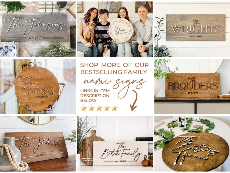 May include: A collage of nine images showcasing various personalized wooden family name signs. The signs are made of different wood types and feature different fonts and styles. The signs are displayed in various settings, including a living room, a bedroom, and a kitchen.