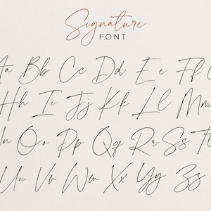 May include: A handwritten alphabet in a cursive font style, labeled "Signature Font". The letters are written in black ink on a light beige background.