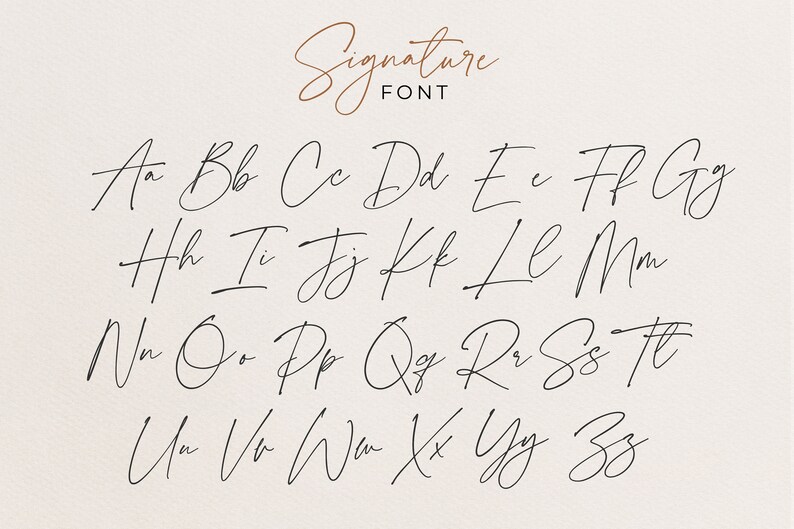 May include: A handwritten alphabet in a cursive font style, labeled "Signature Font". The letters are written in black ink on a light beige background.