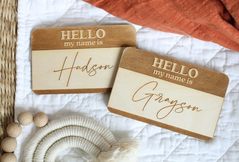 Name Tag Birth Announcement Hello My Name Is Sign, Fresh 48 Newborn Photo Prop for Hospital Photos, Baby Name Announcement Wooden Sign image 3