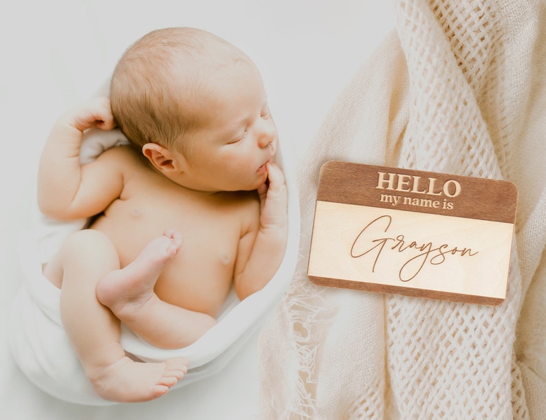 Name Tag Birth Announcement Hello My Name Is Sign, Fresh 48 Newborn Photo Prop for Hospital Photos, Baby Name Announcement Wooden Sign image 10