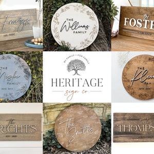 May include: A collage of ten different wooden signs with various family names and establishment dates. The signs are made of different types of wood and have different finishes. Some signs are round, while others are rectangular. The signs are all decorated with floral designs and calligraphy.